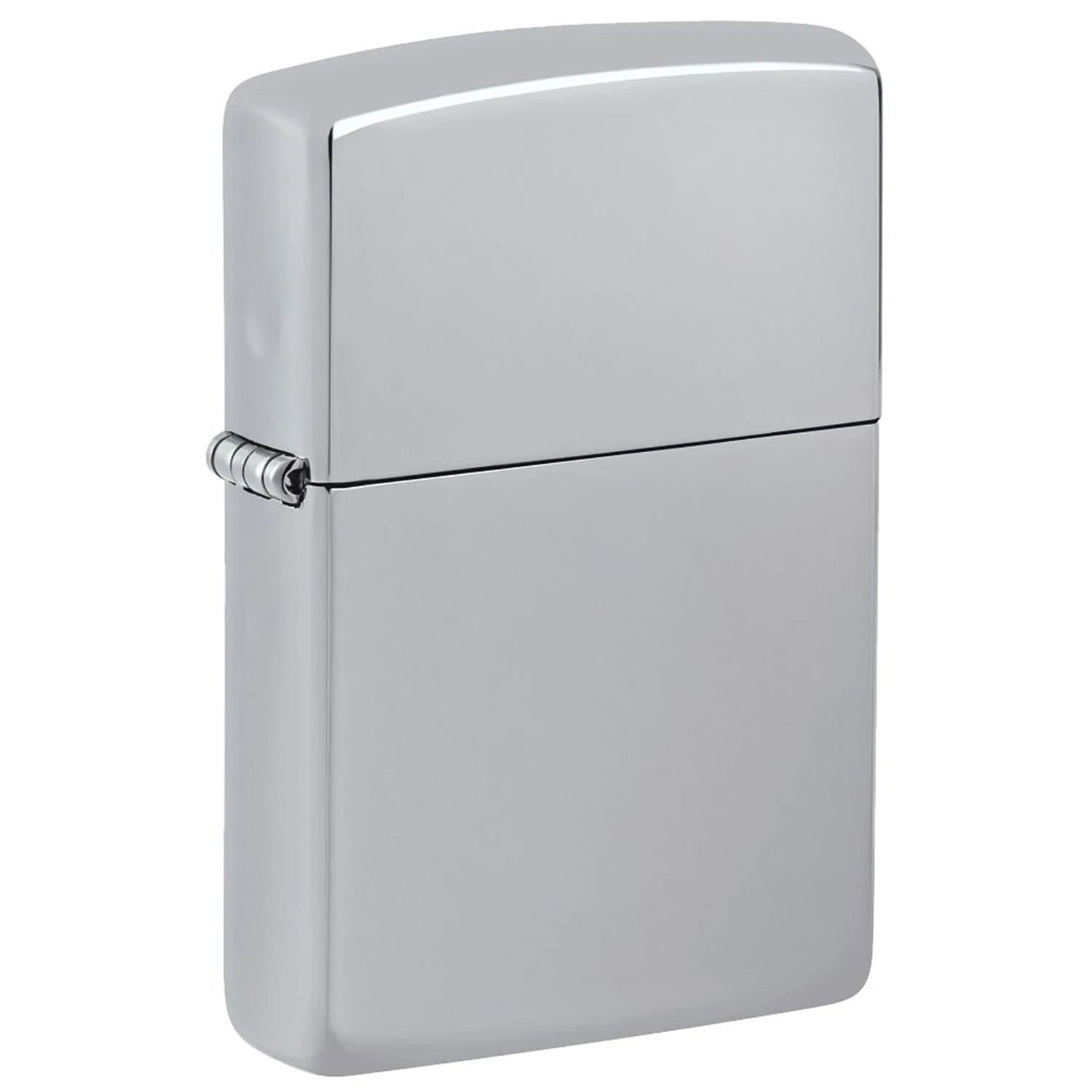 Zippo Sturmfeuerzeug Silber hochglanzpoliert, geschlossen in Schrägansicht, schlichtes Design ohne Gravur, seitliches Scharnier sichtbar, weißer Hintergrund